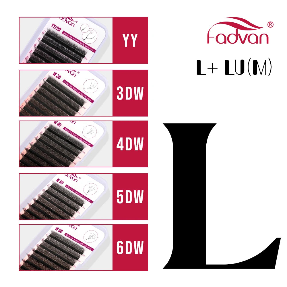 FADVAN L/ L+/LU (M) Curvatura YY 3D 4D 5D 6D Fox Lashes Formato W Extensão de Pestanas