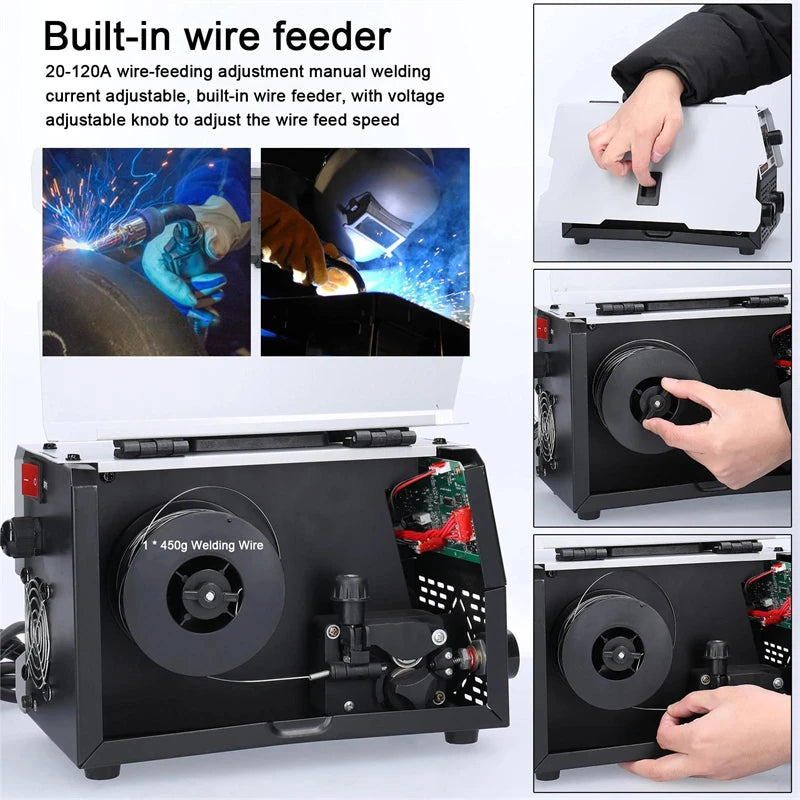 Máquina de soldadura MIG/MMA 2 em 1 com inversor IGBT DC, alimentação automática de arame, soldadura por contacto e soldadura por arco com proteção gasosa.