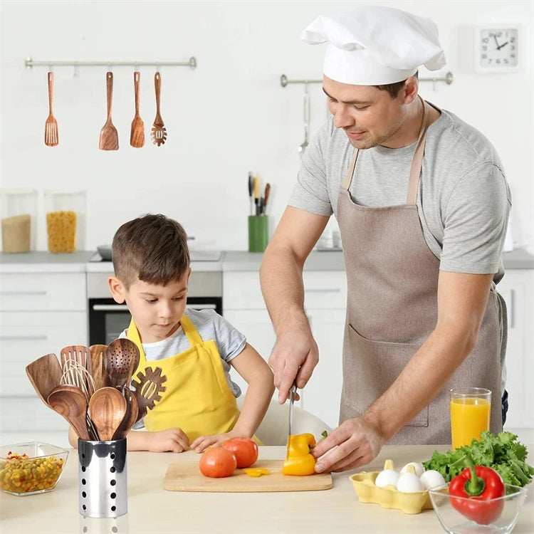 Conjunto de utensílio de cozinha de madeira de teca natural, 10 pacotes, colheres de madeira, espátula, conjunto de utensílio de cozinha para cozinhar e assar