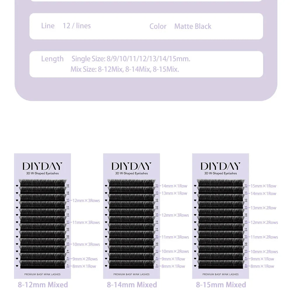 Extensões de pestanas DIYDAY em formato W, estilo Bloom, 3D, 4D, 5D, 6D, 7D e 8D, com textura natural e macia, em forma de leque.