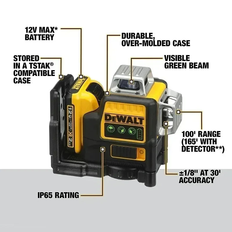 Nível laser Dewalt DW089LG com 3 lados e linhas verticais de 360 graus, horizontal, bateria de lítio de 12 V e luz verde para utilização no exterior.