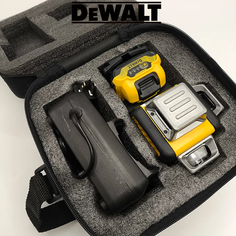 Nível laser Dewalt DW089LG com 3 lados e linhas verticais de 360 graus, horizontal, bateria de lítio de 12 V e luz verde para utilização no exterior.