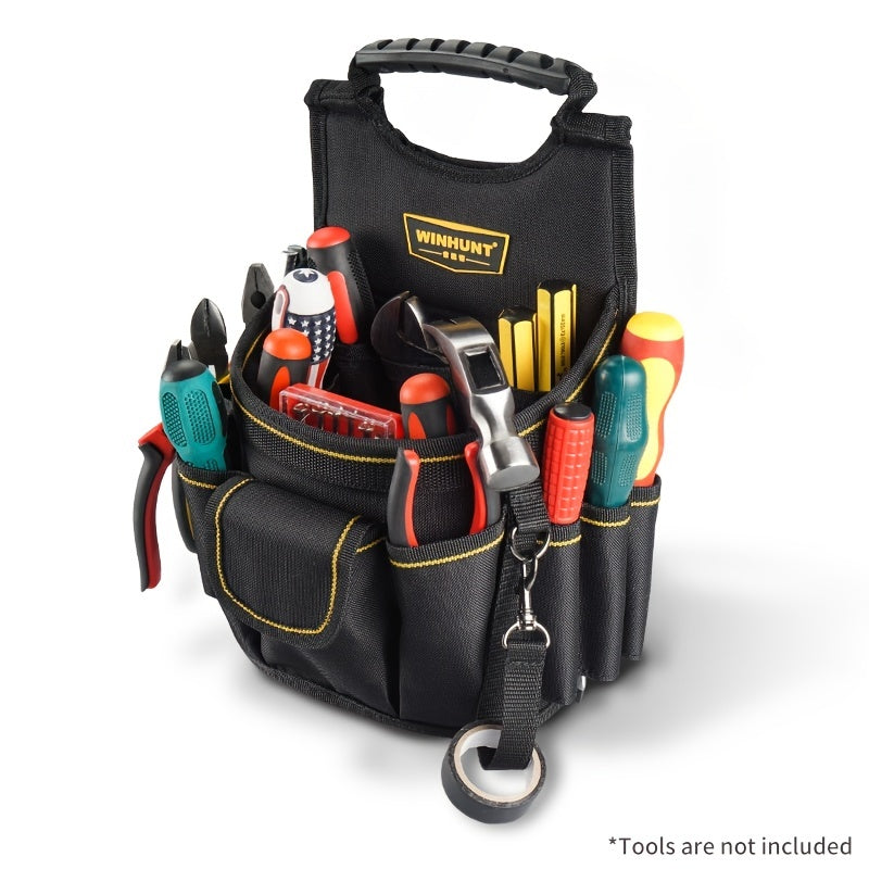 Cinto de ferramentas multifuncional para eletricista WINHUNT, tipo pochete, com vários compartimentos para arrumação organizada das ferramentas. Design portátil para projetos de construção e bricolage.
